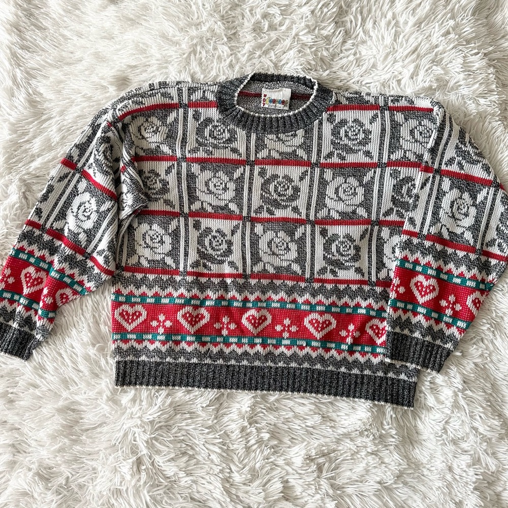 Vintage 80's 90s HOT CASHEWS Women's Sweater Cottagecore Hearts Roses Size L